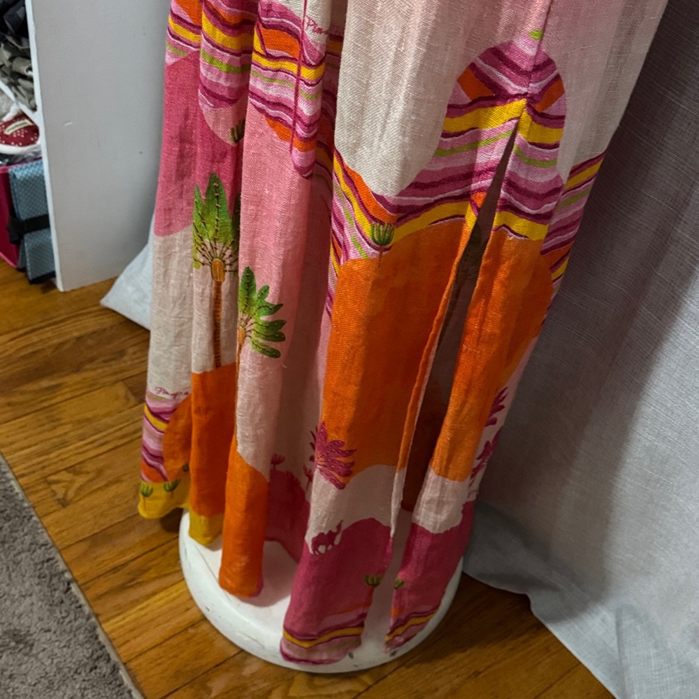 Pin-Up Stars Linen Maxi Dress-Sz S-Flutter Sleeve-Pink/Orange/Green-Sexy V Neck - Picture 6 of 17